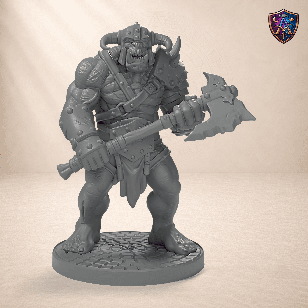 Digitaler Produkt-Render (1 von 6) von Ork-Krieger mit gezackter Axt in unbemaltem Dunkelgrau.