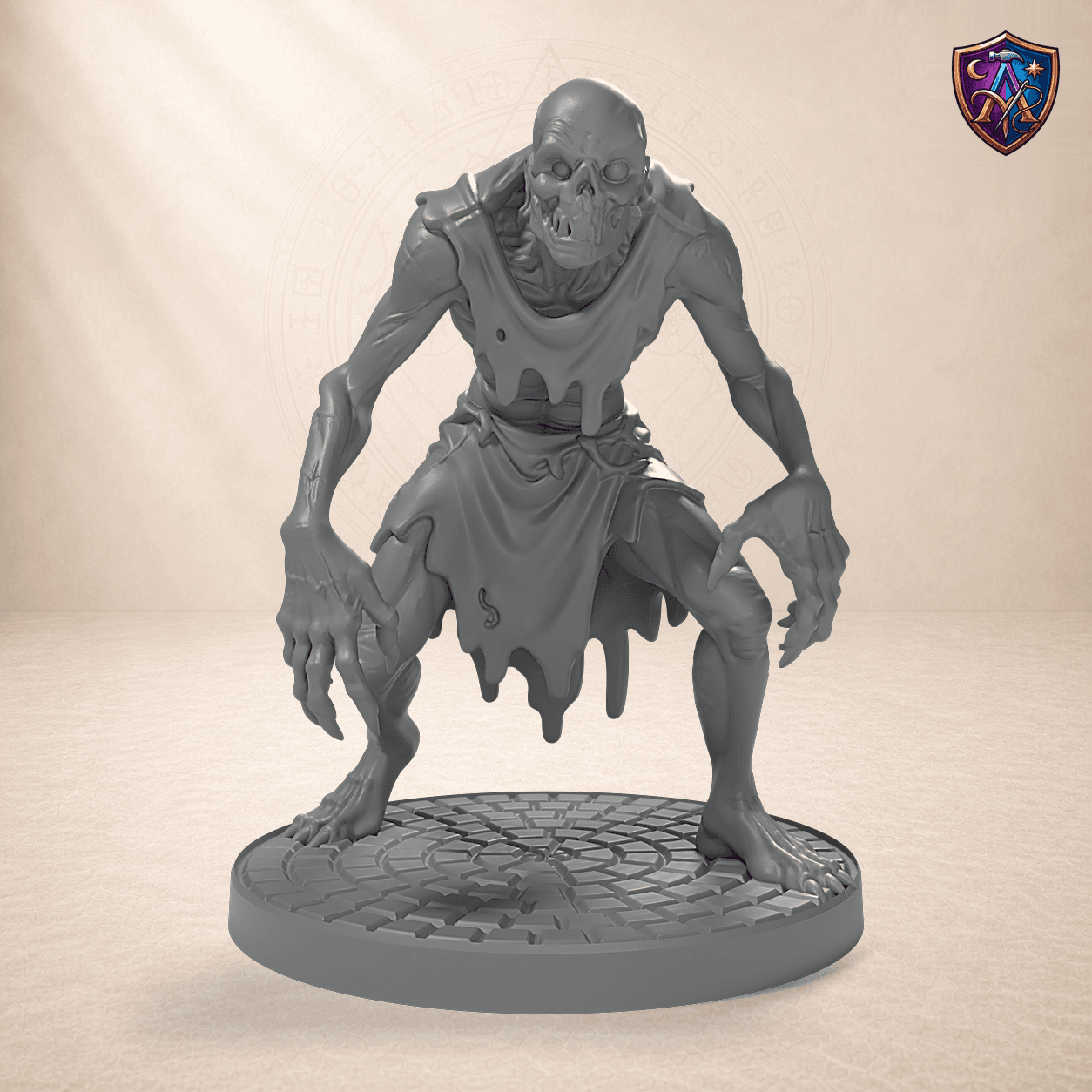 Digitaler Produkt-Render (1 von 6) von Ghul mit Klauen und gezackten Zähnen in unbemaltem Dunkelgrau.