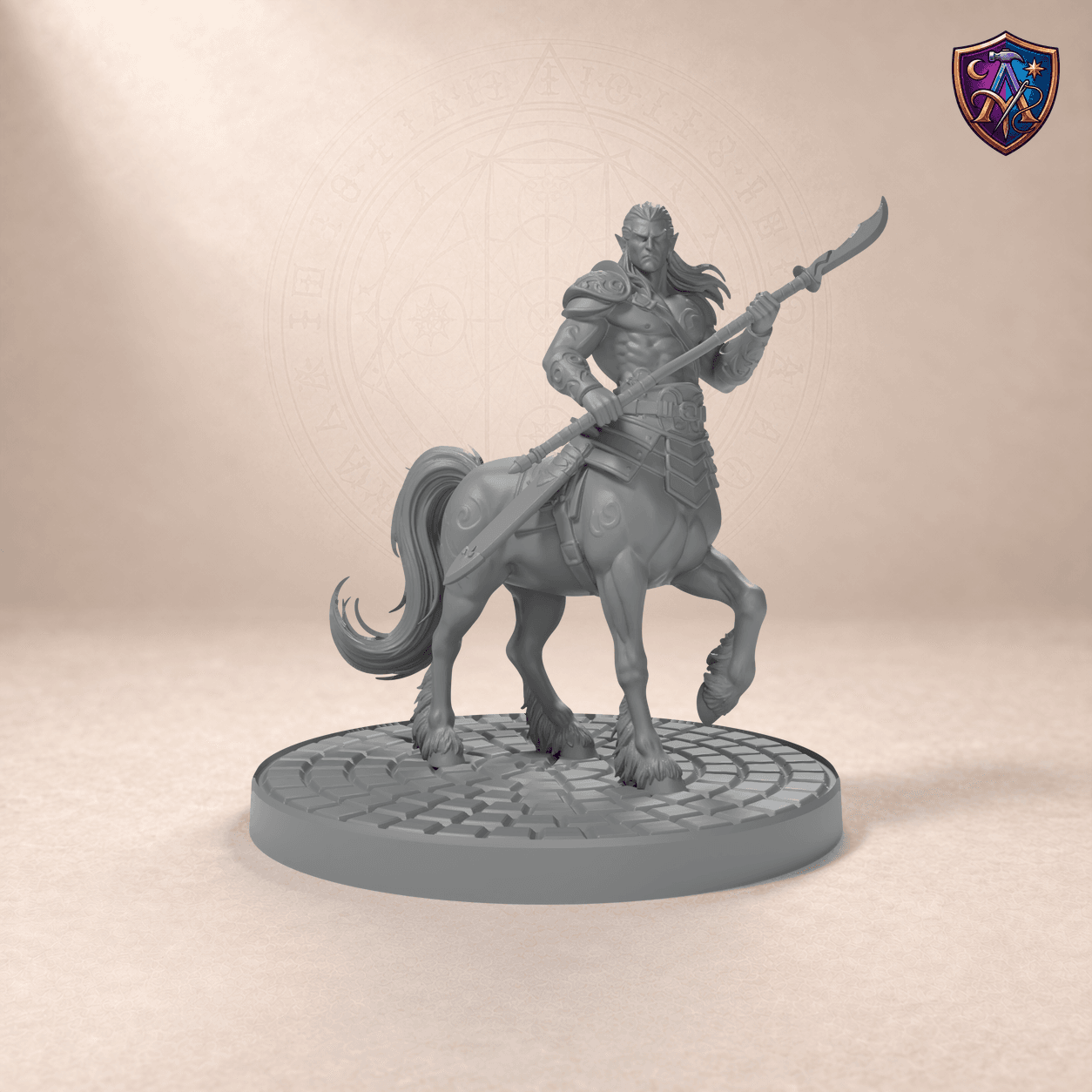 Digitaler Produkt-Render (1 von 6) von Zentaur mit Stangenwaffe in unbemaltem Dunkelgrau.