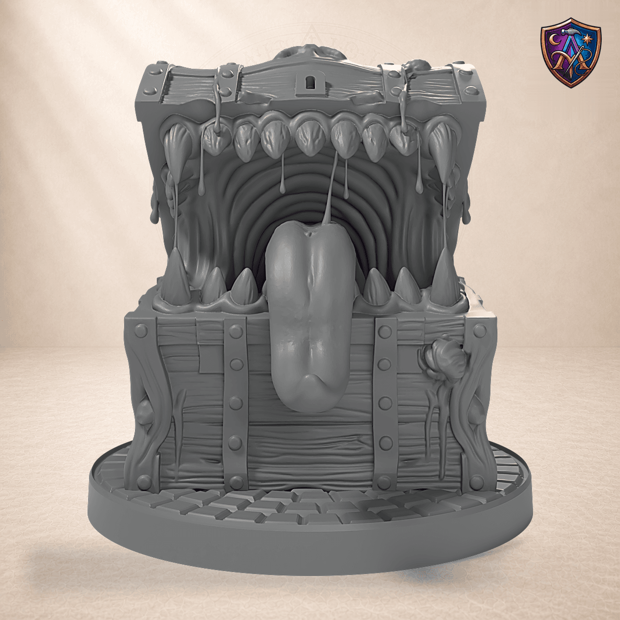 Digitaler Produkt-Render (1 von 6) von Truhenmonster mit Zähnen in unbemaltem Dunkelgrau.