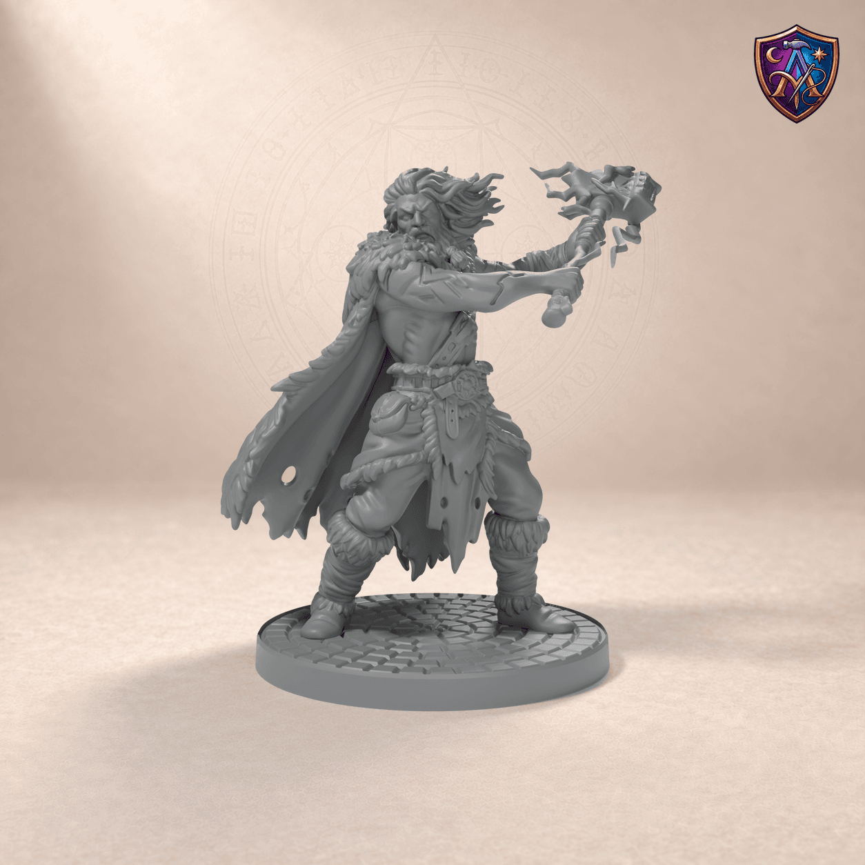 Digital product render of Barbarian with Great Hammer – Unpainted 32/54/75mm Resin Miniature for Tabletop RPGs in unpainted grey