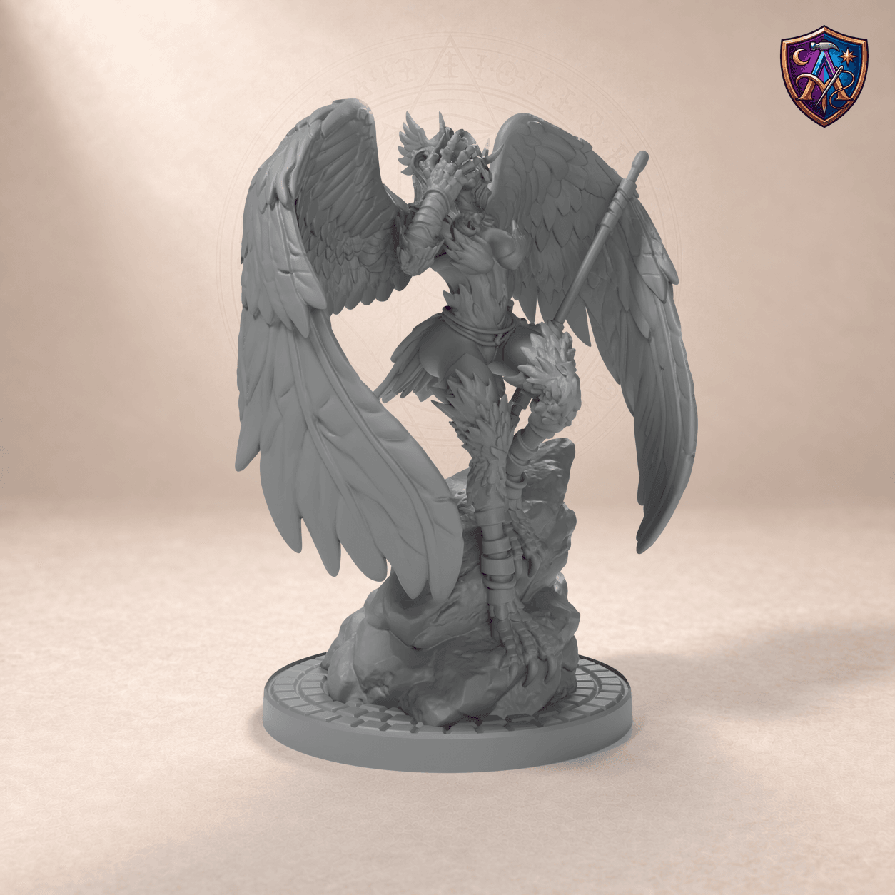Digital product render of Harpy Spear Warrior – Unpainted 32/54/75mm Resin Miniature for Tabletop RPGs in unpainted grey