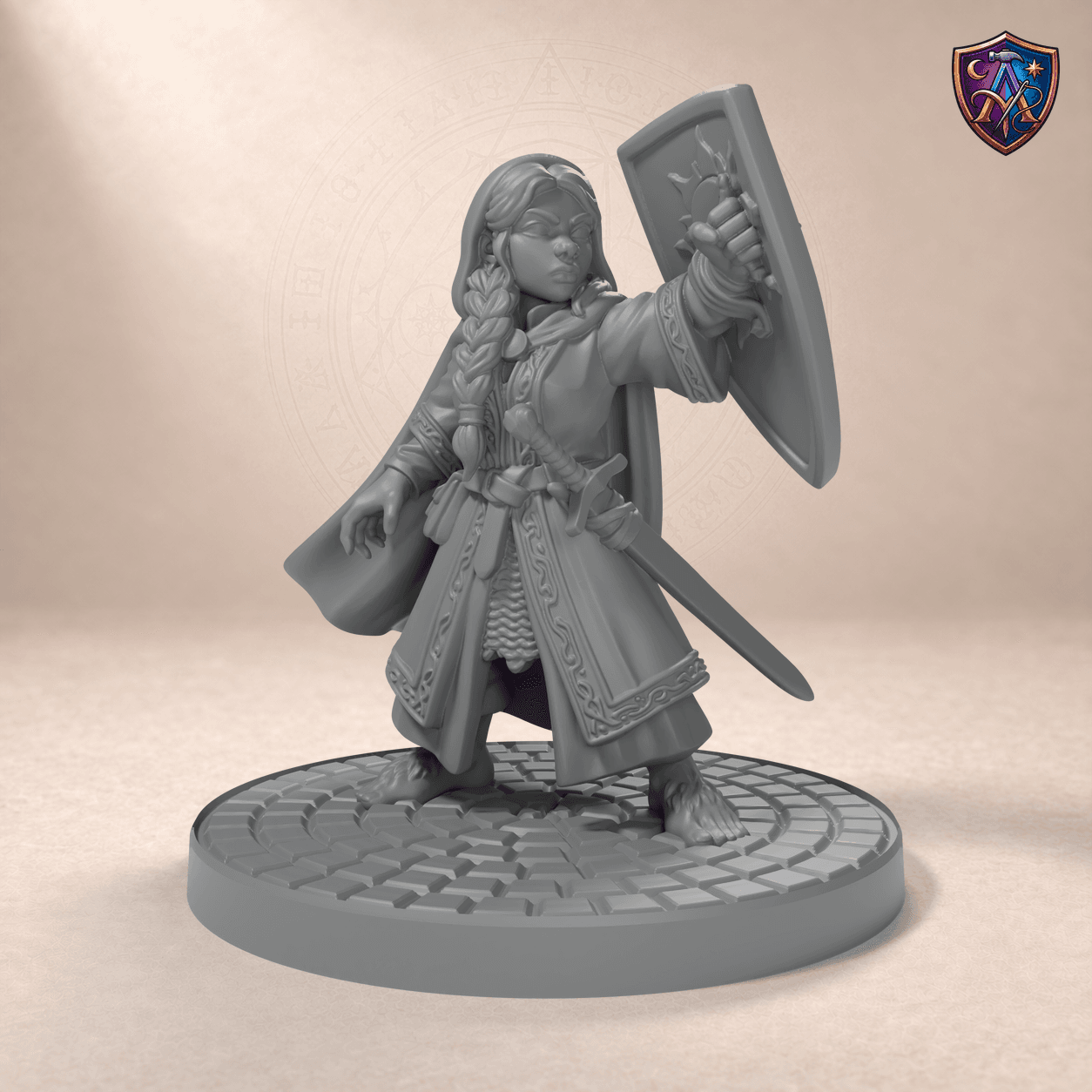 Digital product render of Halfling Cleric – Unpainted 32/54/75mm Resin Miniature for Tabletop RPGs in unpainted grey