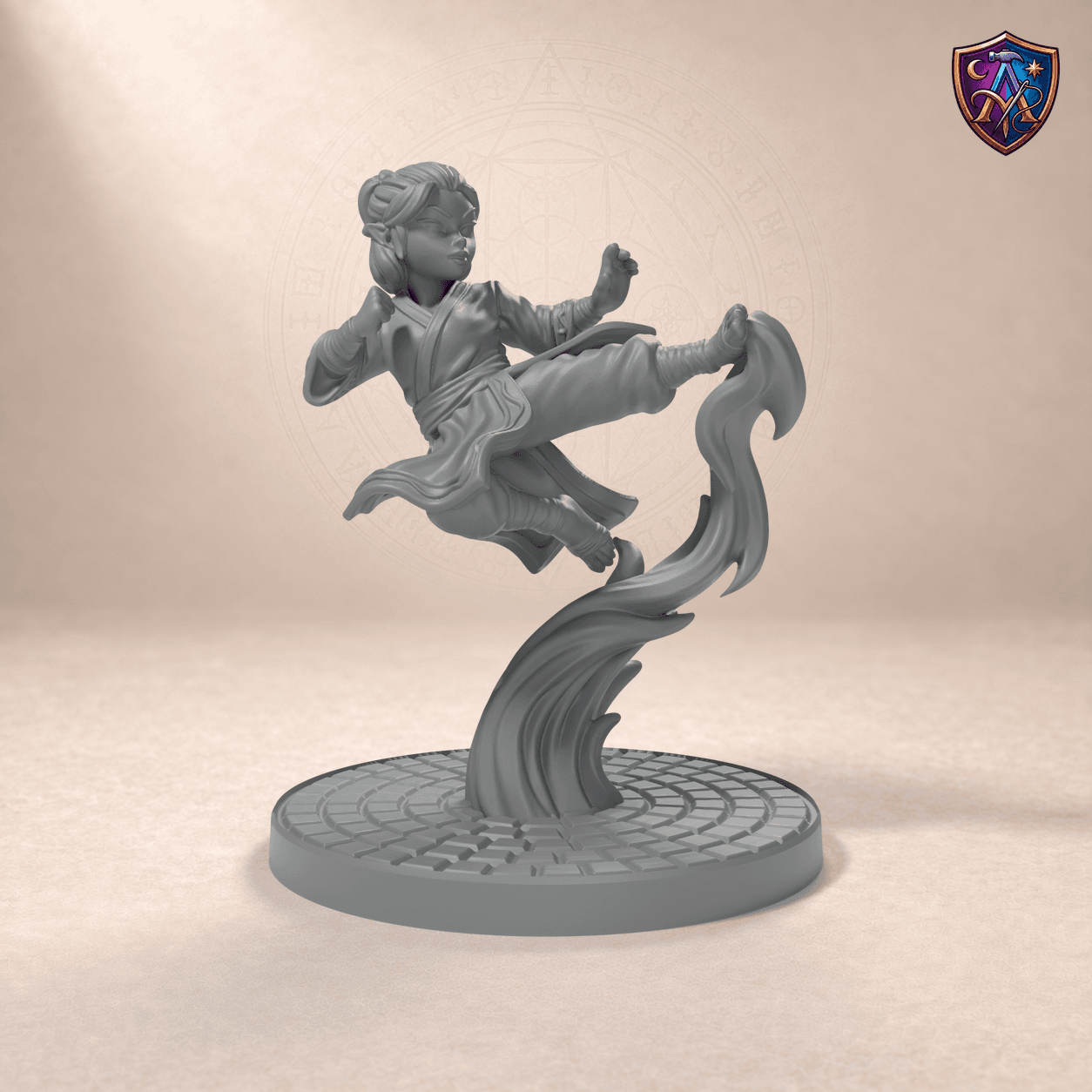 Digital product render of Halfling Monk – Female Martial Artist – Unpainted 32/54/75mm Resin Miniature for Tabletop RPGs in unpainted grey