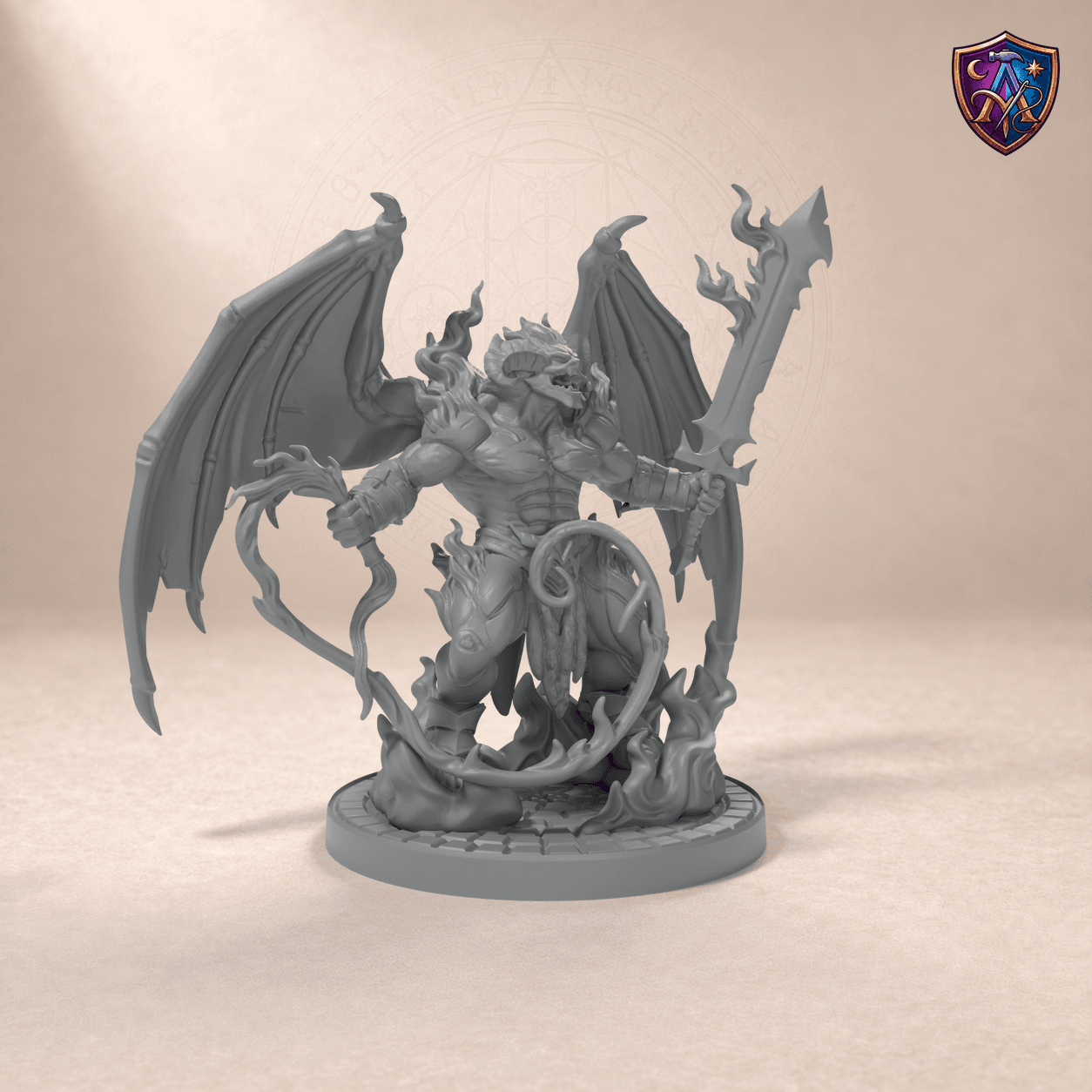 Digital product render of Fire Demon – Unpainted 32mm Resin Miniature for Tabletop RPGs in unpainted grey