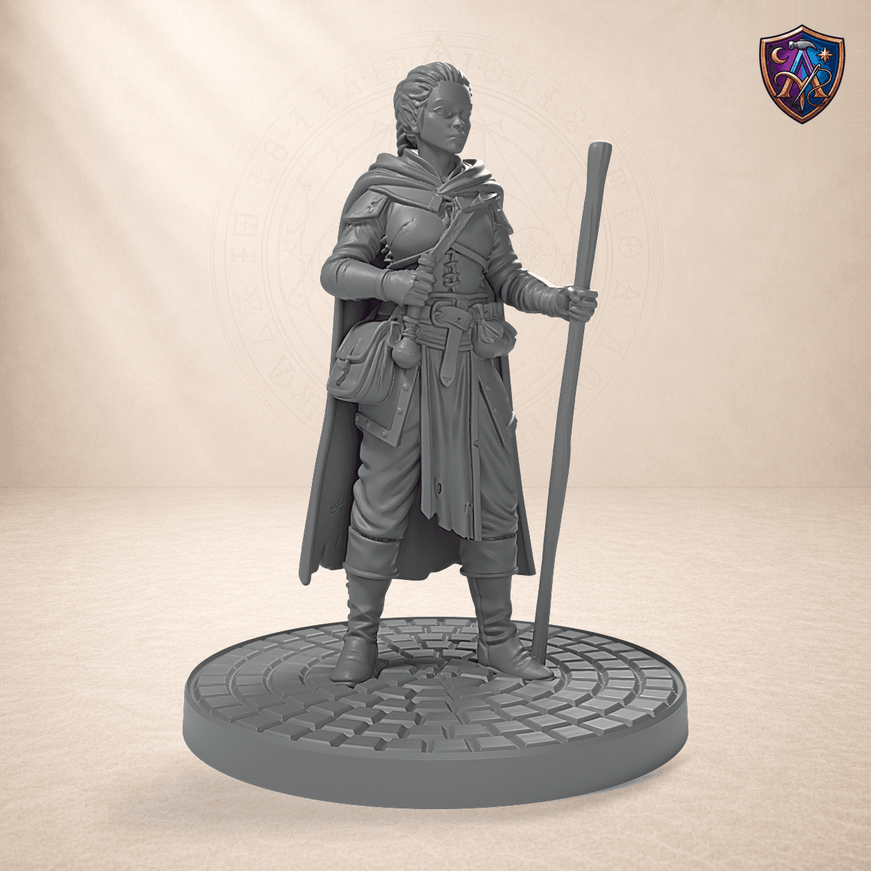 Digitaler Produkt-Render (1 von 6) von Kräuterfrau mit Mörser in unbemaltem Dunkelgrau.