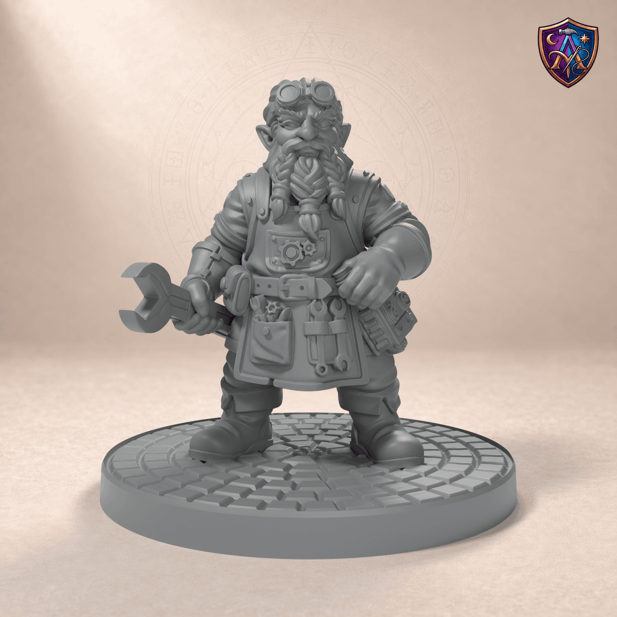 Digital product render of Gnome Inventor with Tool – Unpainted 32/54/75mm Resin Miniature for Tabletop RPGs in unpainted grey