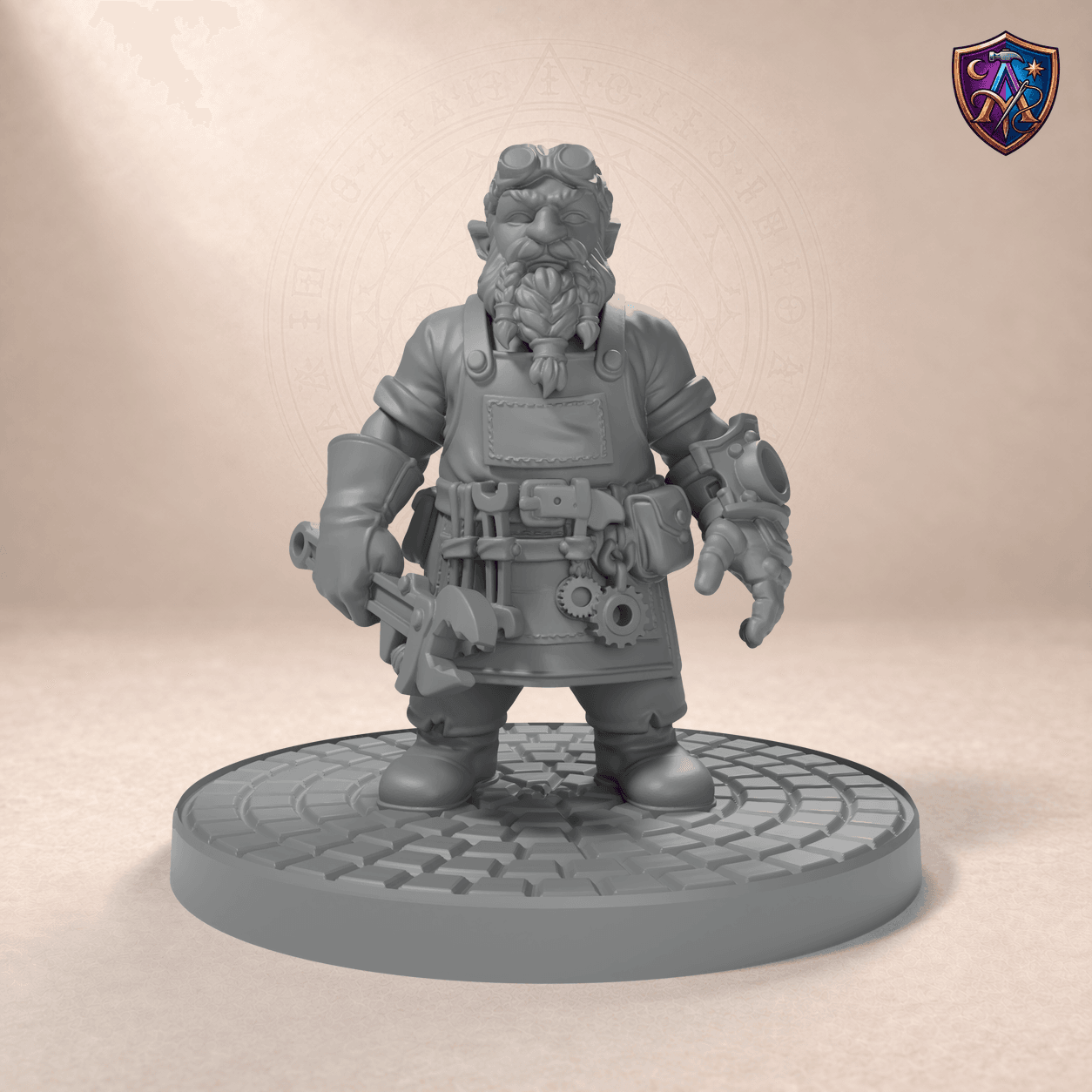 Digital product render of Gnome Inventor with Blueprint – Unpainted 32/54/75mm Resin Miniature for Tabletop RPGs in unpainted grey