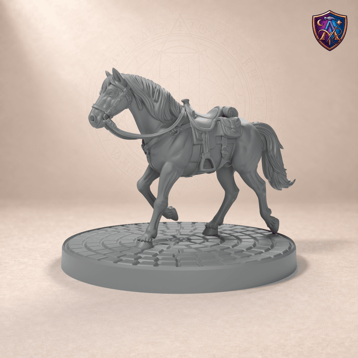 Digital product render of Riding Horse – Unpainted 32/54mm Resin Miniature for Tabletop RPGs in unpainted grey