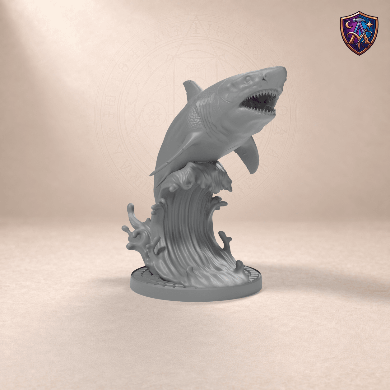 Digital product render of Shark – Unpainted 32mm Resin Miniature for Tabletop RPGs in unpainted grey
