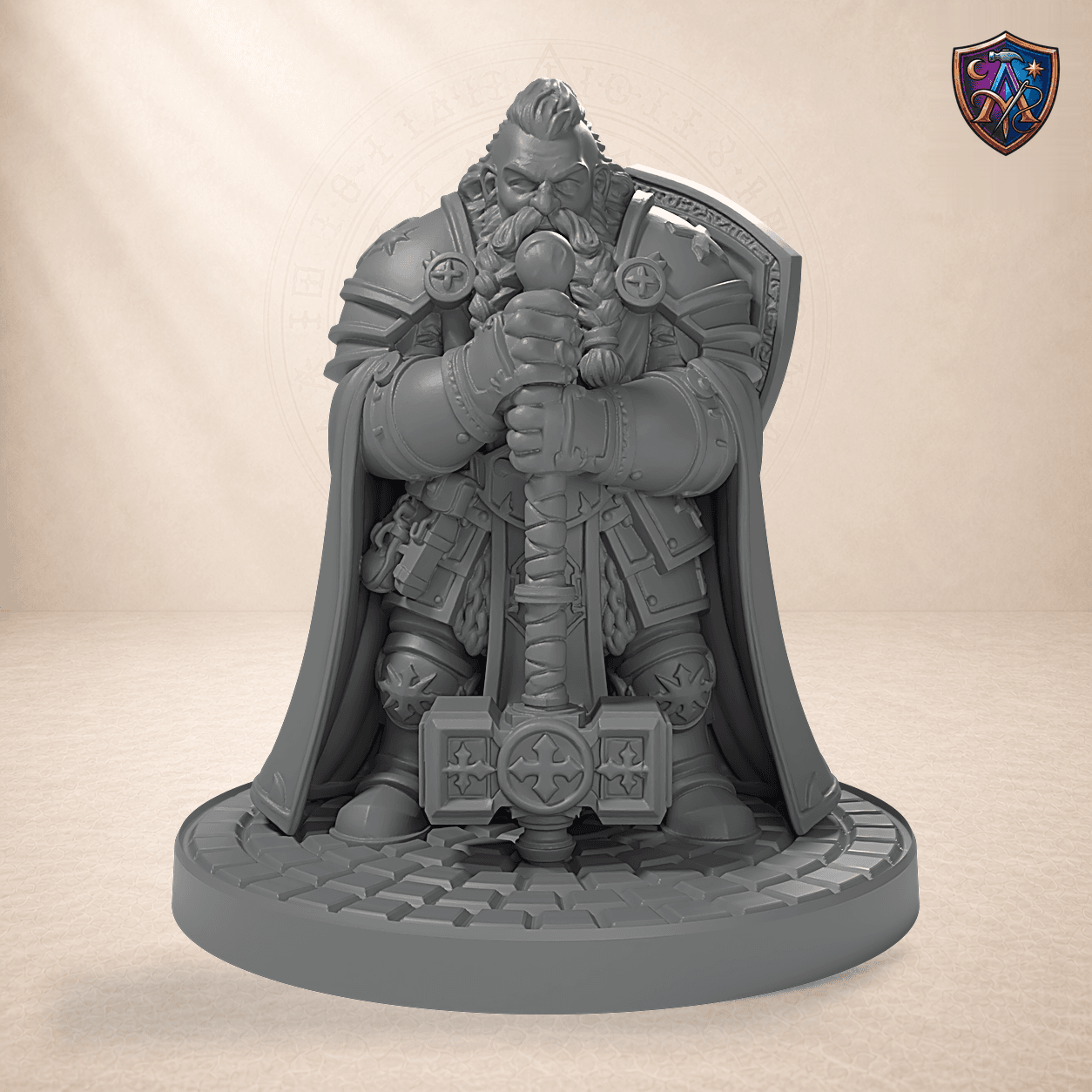 Digitaler Produkt-Render (1 von 6) von Zwerg-Paladin mit Kriegshammer und Schild in unbemaltem Dunkelgrau.