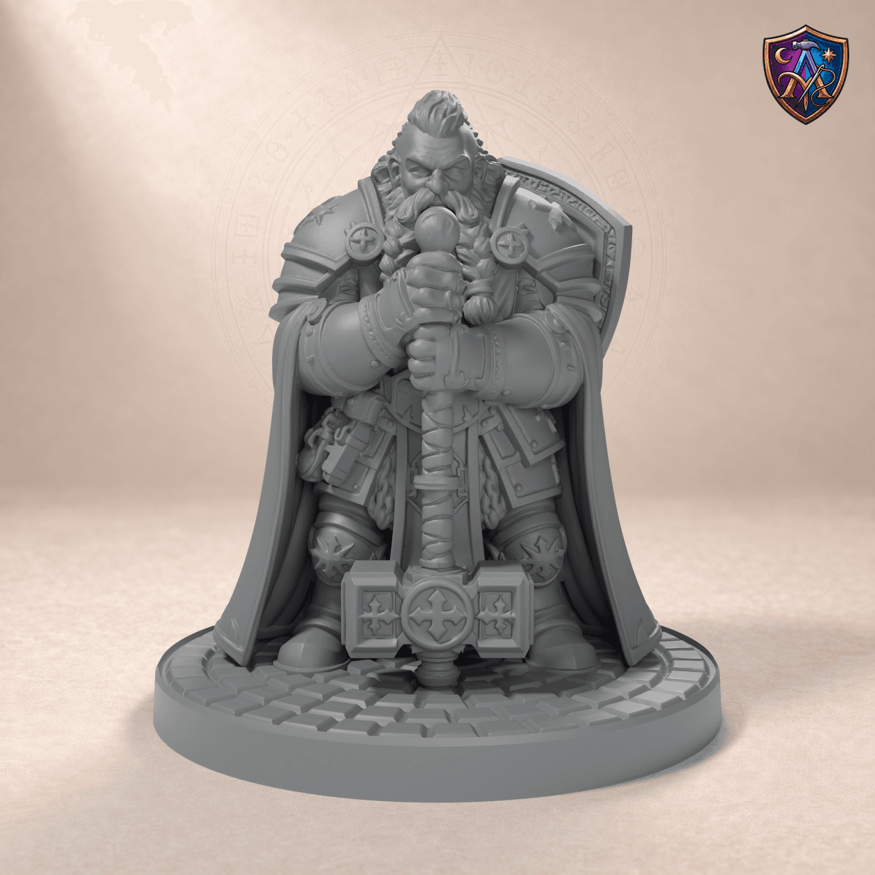 Digital product render of Dwarf Paladin with Warhammer and Shield – Unpainted 32/54/75mm Resin Miniature for Tabletop RPGs in unpainted grey