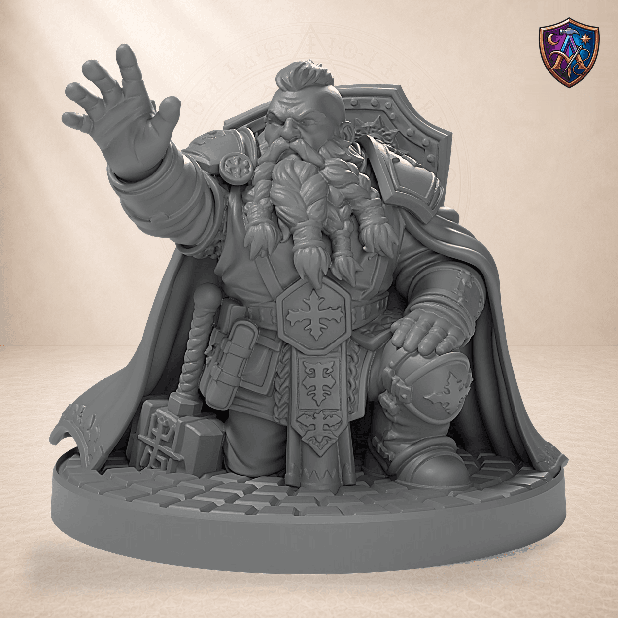 Digitaler Produkt-Render (1 von 6) von Kniender Zwerg-Paladin mit Kriegshammer in unbemaltem Dunkelgrau.