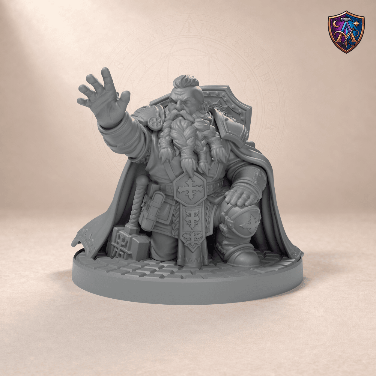 Digital product render of Dwarf Paladin Kneeling with Warhammer – Unpainted 32/54/75mm Resin Miniature for Tabletop RPGs in unpainted grey