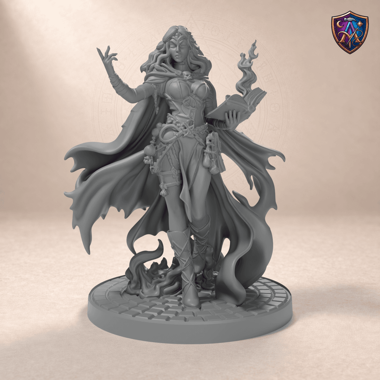Digitaler Produkt-Render (1 von 6) von Mensch-Zauberin mit Buch und Flamme in unbemaltem Dunkelgrau.