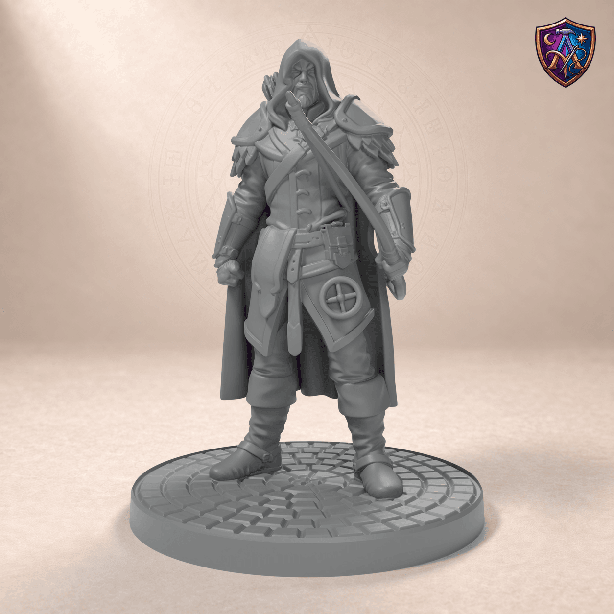 Digital product render of Human Ranger with Bow and Hood – Unpainted 32/54/75mm Resin Miniature for Tabletop RPGs in unpainted grey