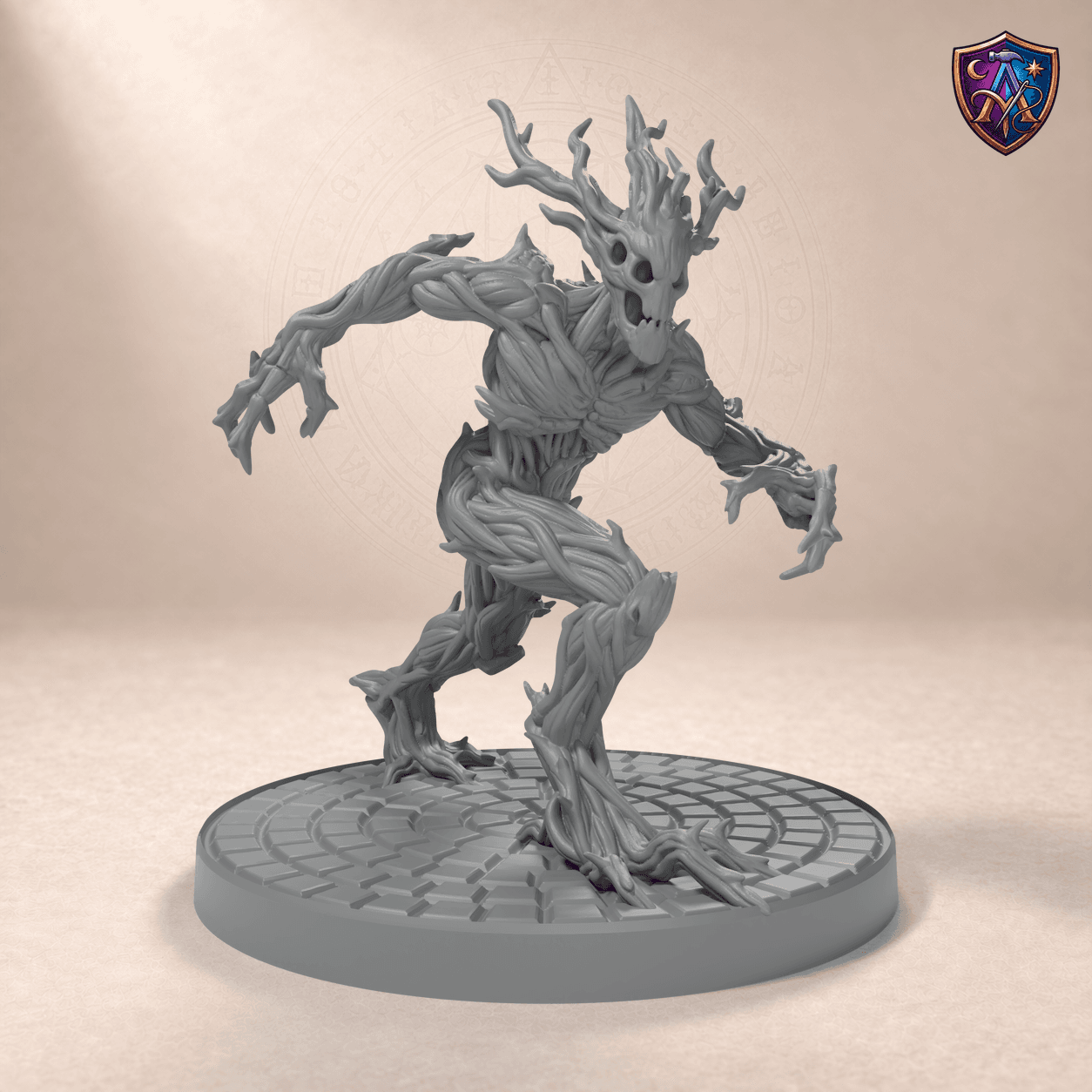 Digital product render of Twig Creature with Branch Crown and Clawed Hands – Unpainted Resin Miniature, 32/54/75 mm Scale in unpainted grey