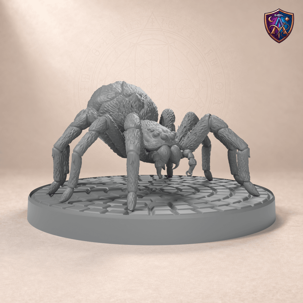 Digital product render of Giant Spider – Unpainted 32/54mm Resin Miniature for Tabletop RPGs in unpainted grey