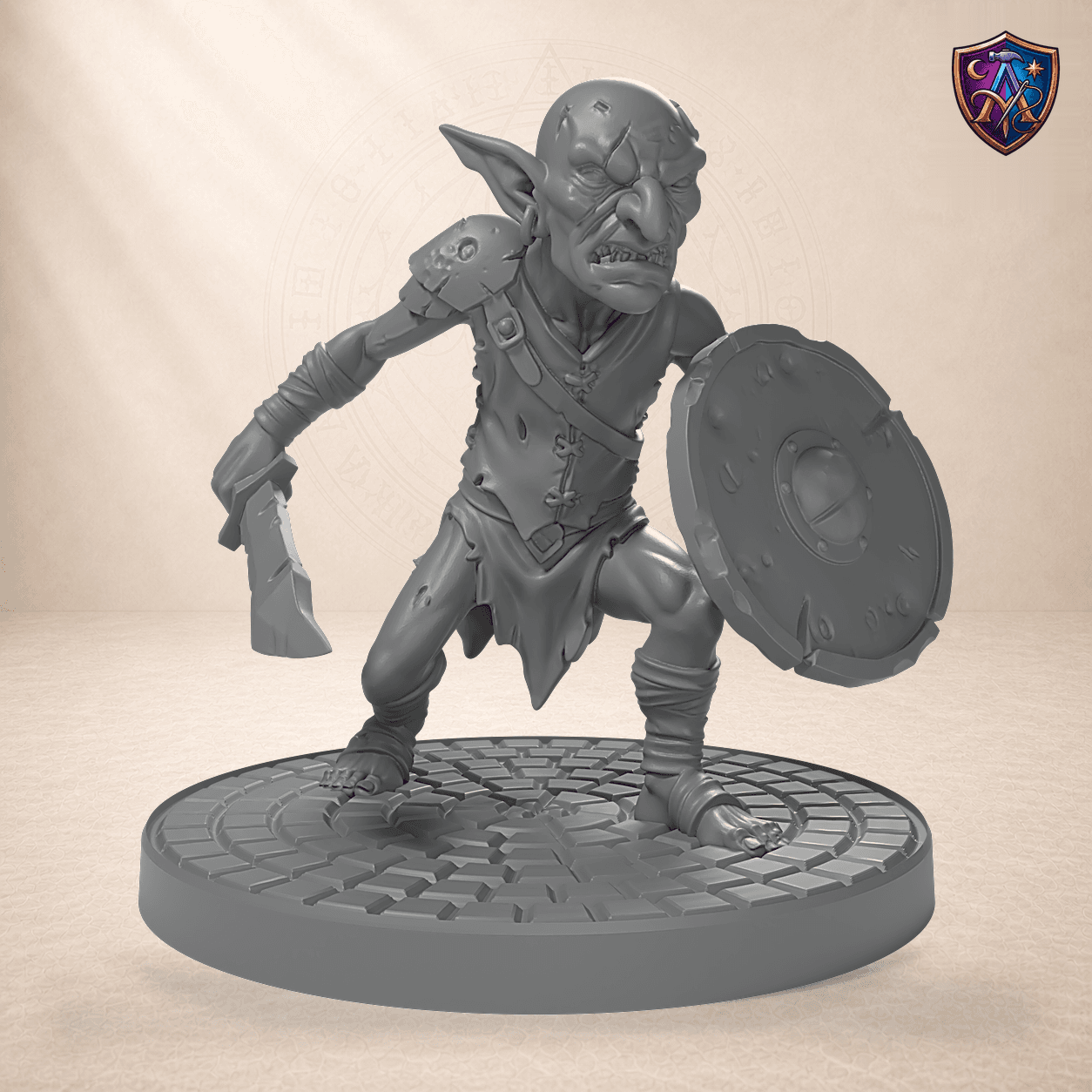 Digitaler Produkt-Render (1 von 6) von Goblin-Krieger mit Schwert und Schild in unbemaltem Dunkelgrau.