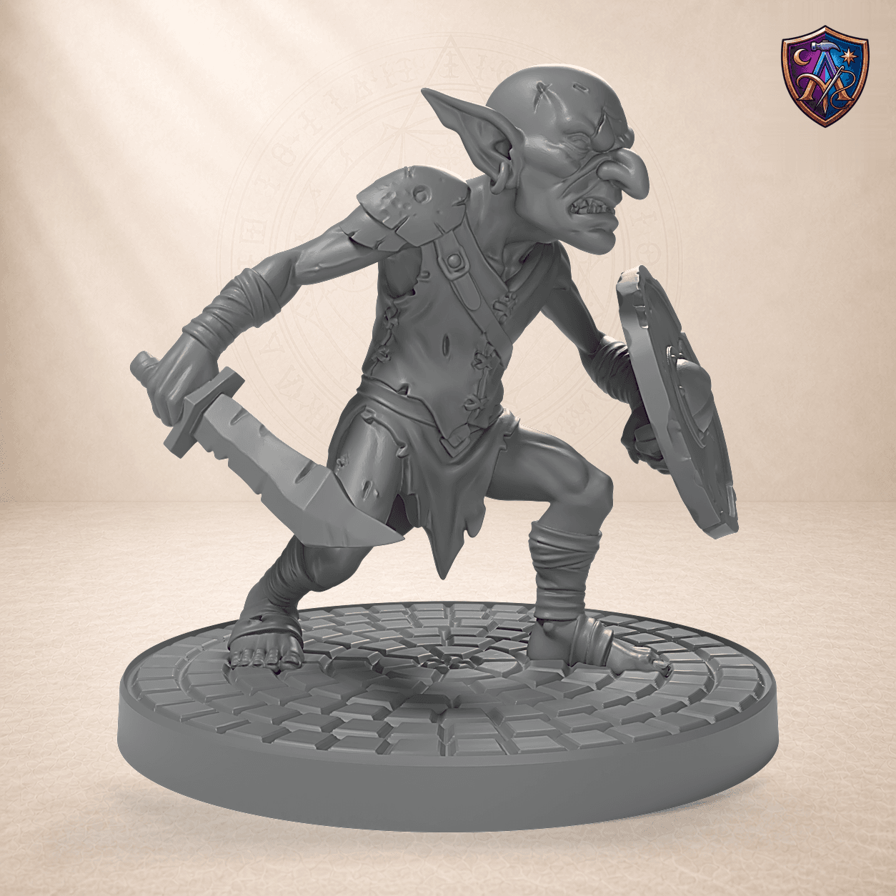 Digital product render of Goblin Fighter – Unpainted 32/54/75mm Resin Miniature for Tabletop RPGs in unpainted grey
