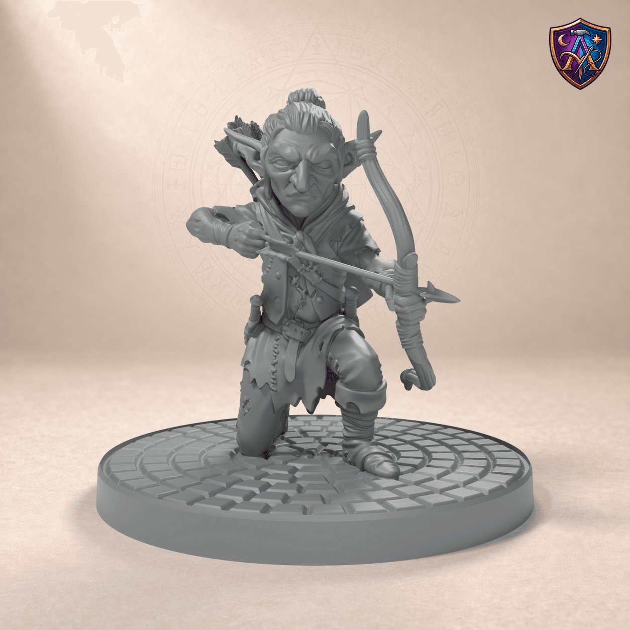 Digitaler Produkt-Render (1 von 6) von Goblin-Bogenschütze in unbemaltem Dunkelgrau.