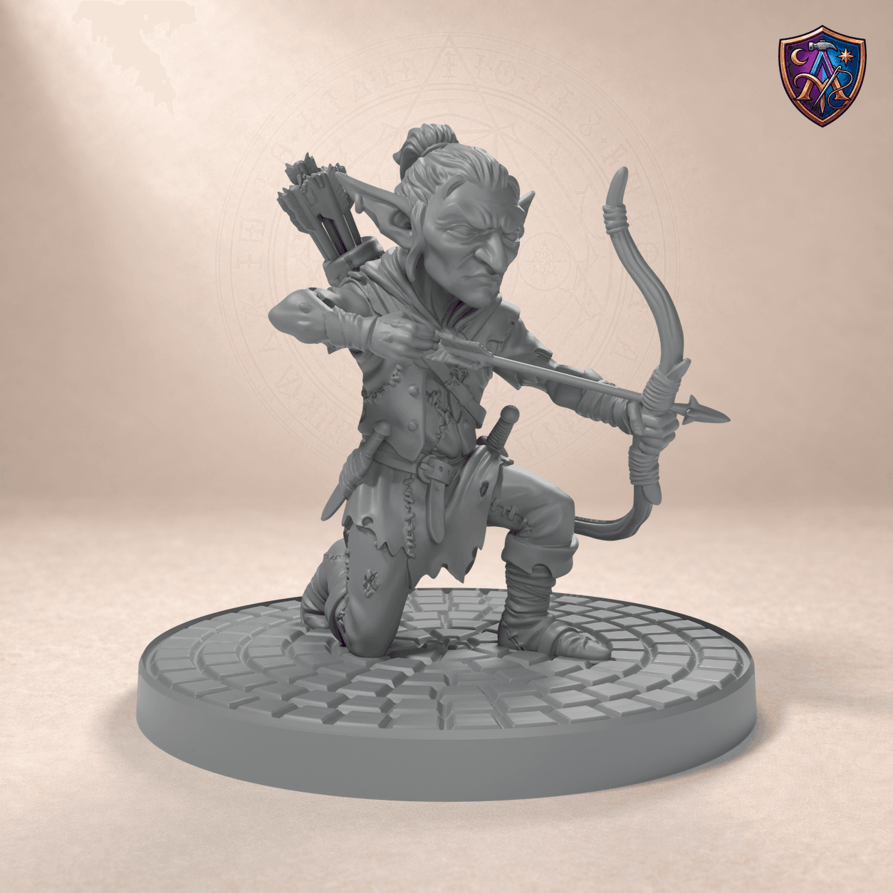 Digital product render of Goblin Archer – Unpainted 32/54/75mm Resin Miniature for Tabletop RPGs in unpainted grey
