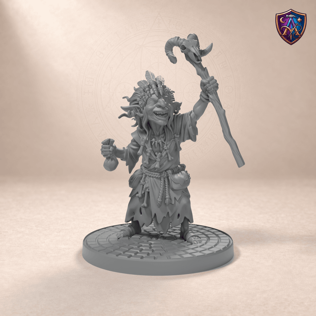Digitaler Produkt-Render (1 von 6) von Goblin-Schamane in unbemaltem Dunkelgrau.