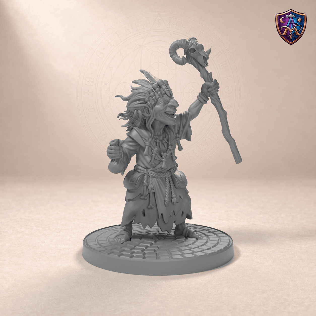 Digital product render of Goblin Shaman – Unpainted 32/54/75mm Resin Miniature for Tabletop RPGs in unpainted grey