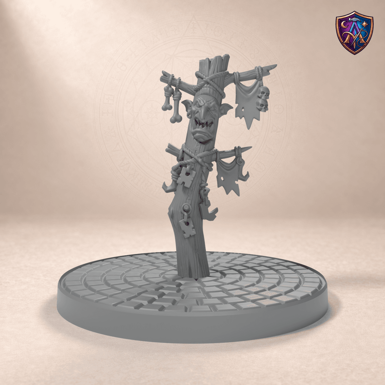 Digitaler Produkt-Render (1 von 6) von Goblin-Kriegslager-Totem in unbemaltem Dunkelgrau.