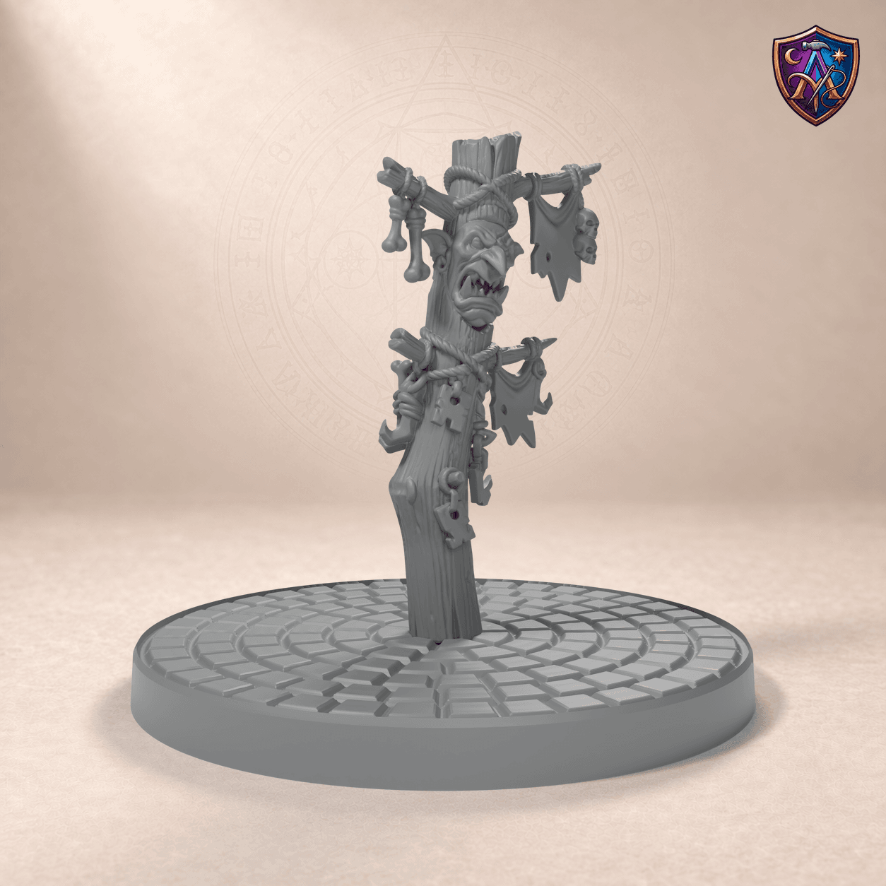 Digital product render of Goblin Camp Totem – Unpainted 32mm Resin Miniature for Tabletop RPGs in unpainted grey
