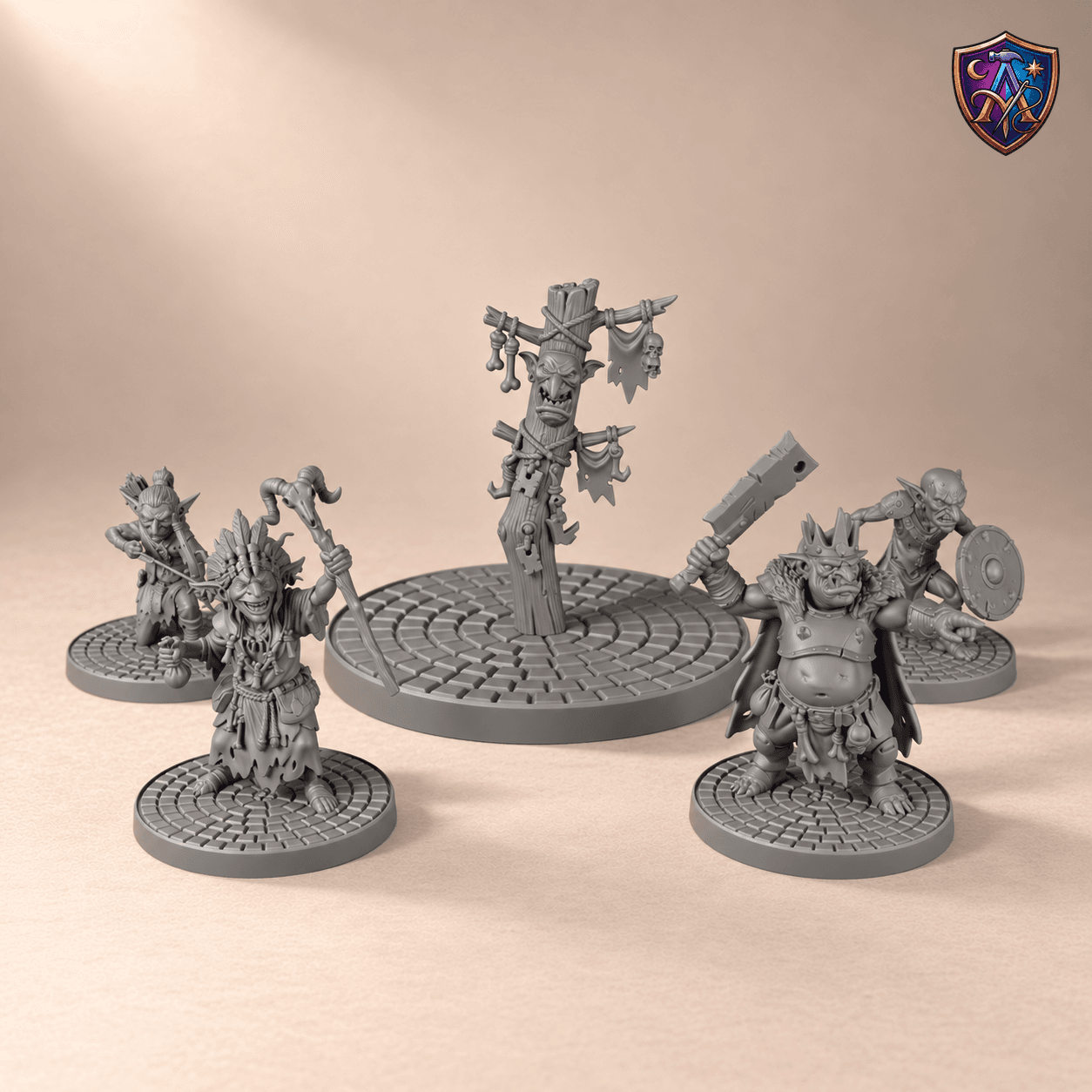 Digital product render of Goblin Warband – 5-Piece 32mm Resin Miniature Set with Chieftain & Shaman – Unpainted for DnD and Tabletop RPGs in unpainted grey