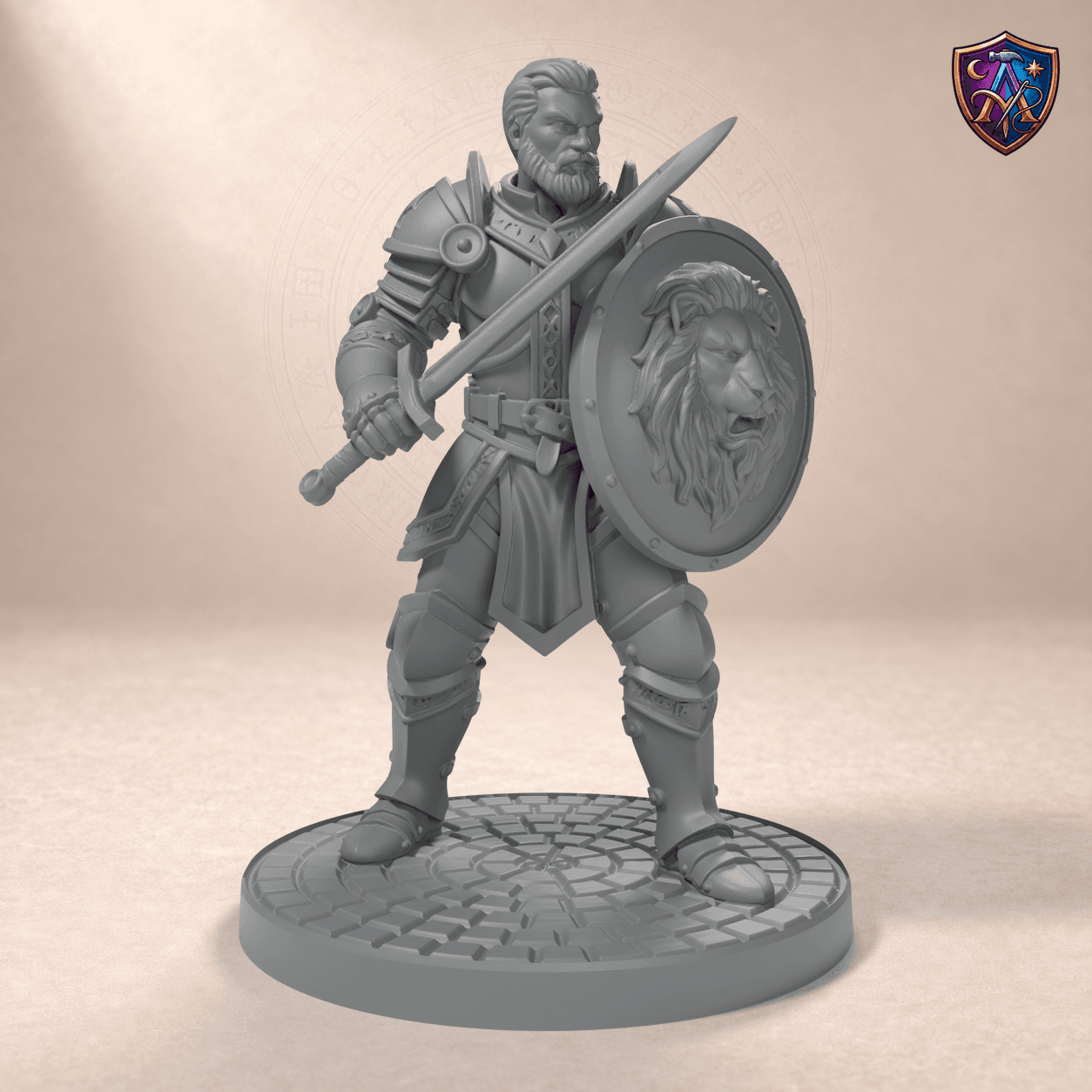 Digitaler Produkt-Render (1 von 6) von Mensch-Krieger mit Löwenschild in unbemaltem Dunkelgrau.