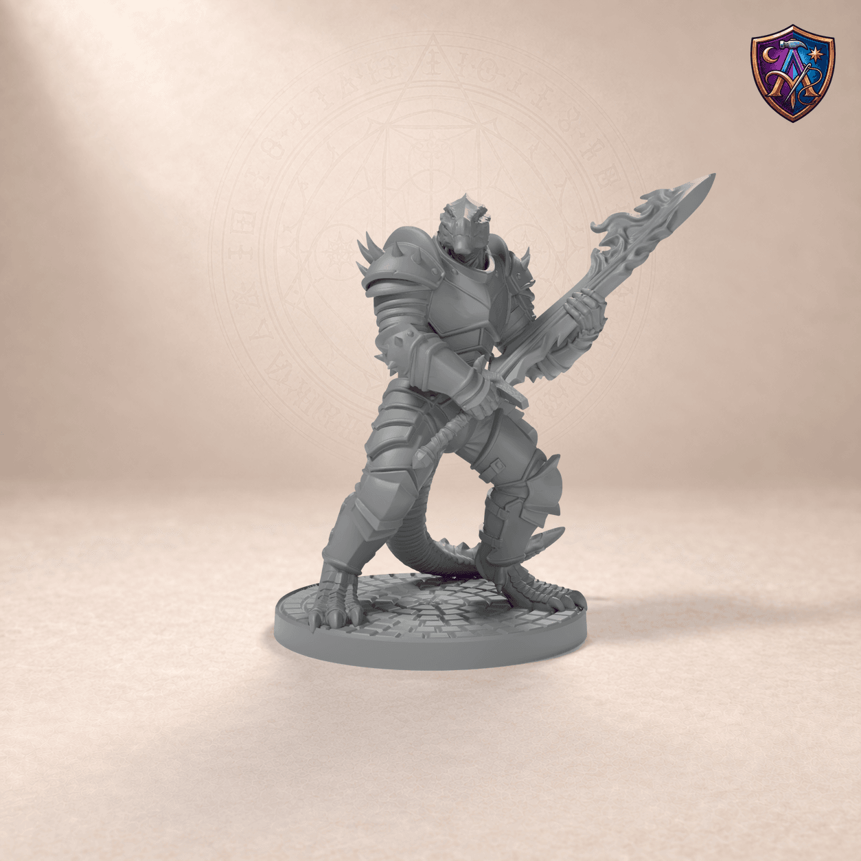 Digitaler Produkt-Render (1 von 6) von Dragonborn-Krieger mit Flammenschwert in unbemaltem Dunkelgrau.