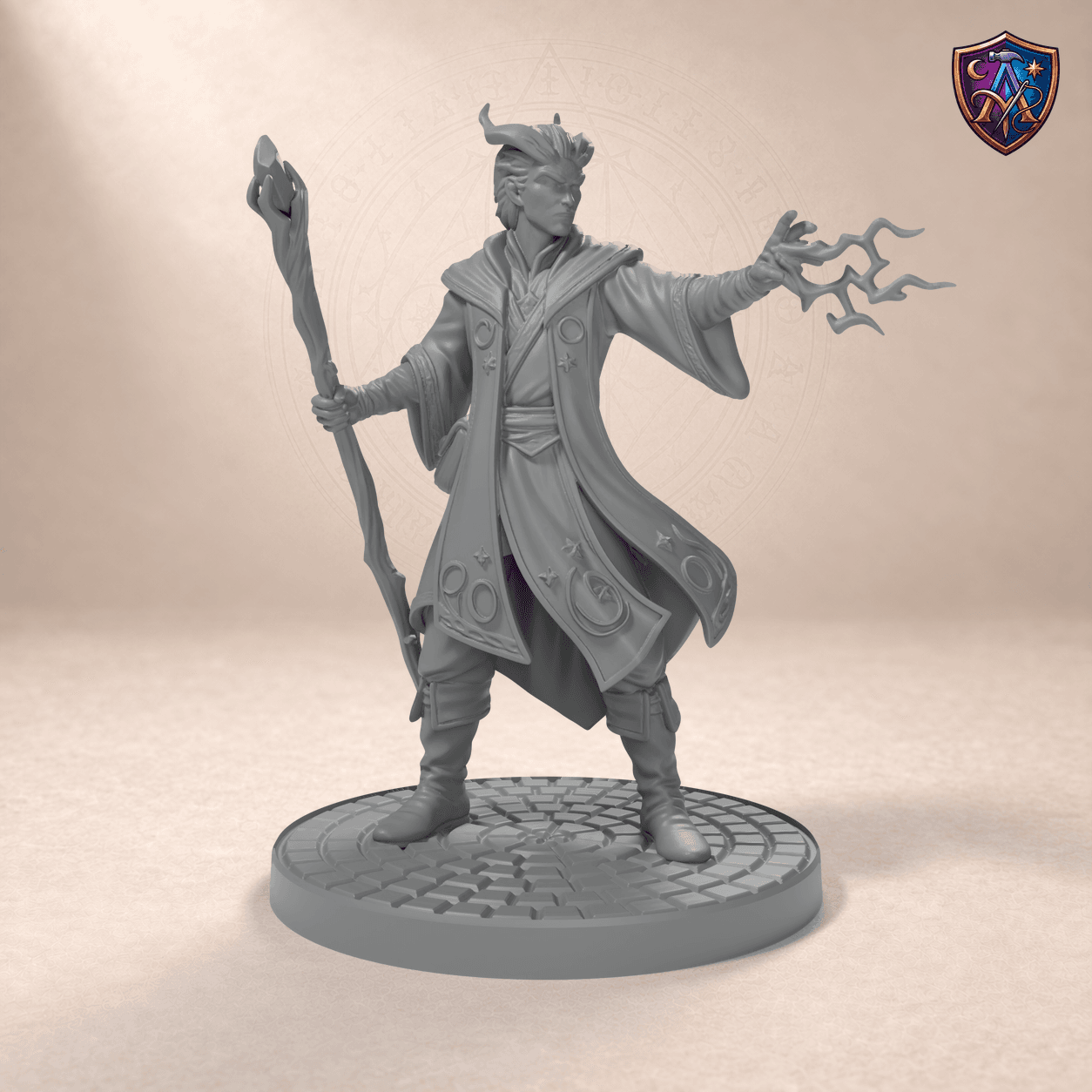 Digitaler Produkt-Render (1 von 6) von Tiefling-Paktmagier mit Kristallstab in unbemaltem Dunkelgrau.