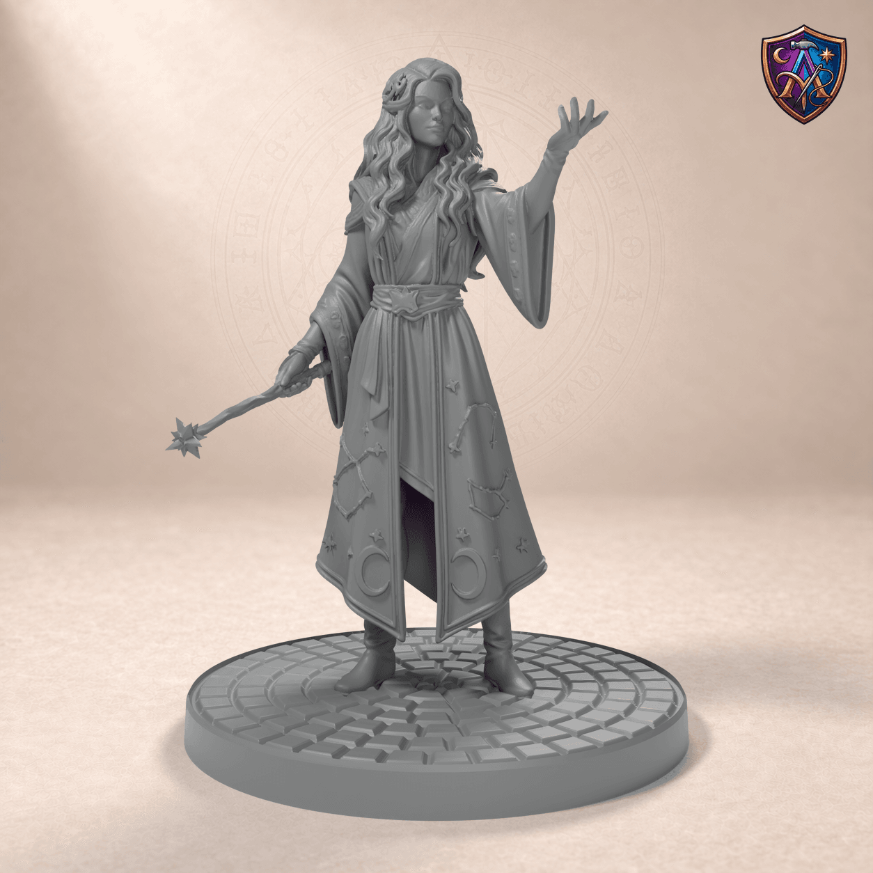 Digitaler Produkt-Render (1 von 6) von Halbelf-Magierin mit Sternenrobe in unbemaltem Dunkelgrau.