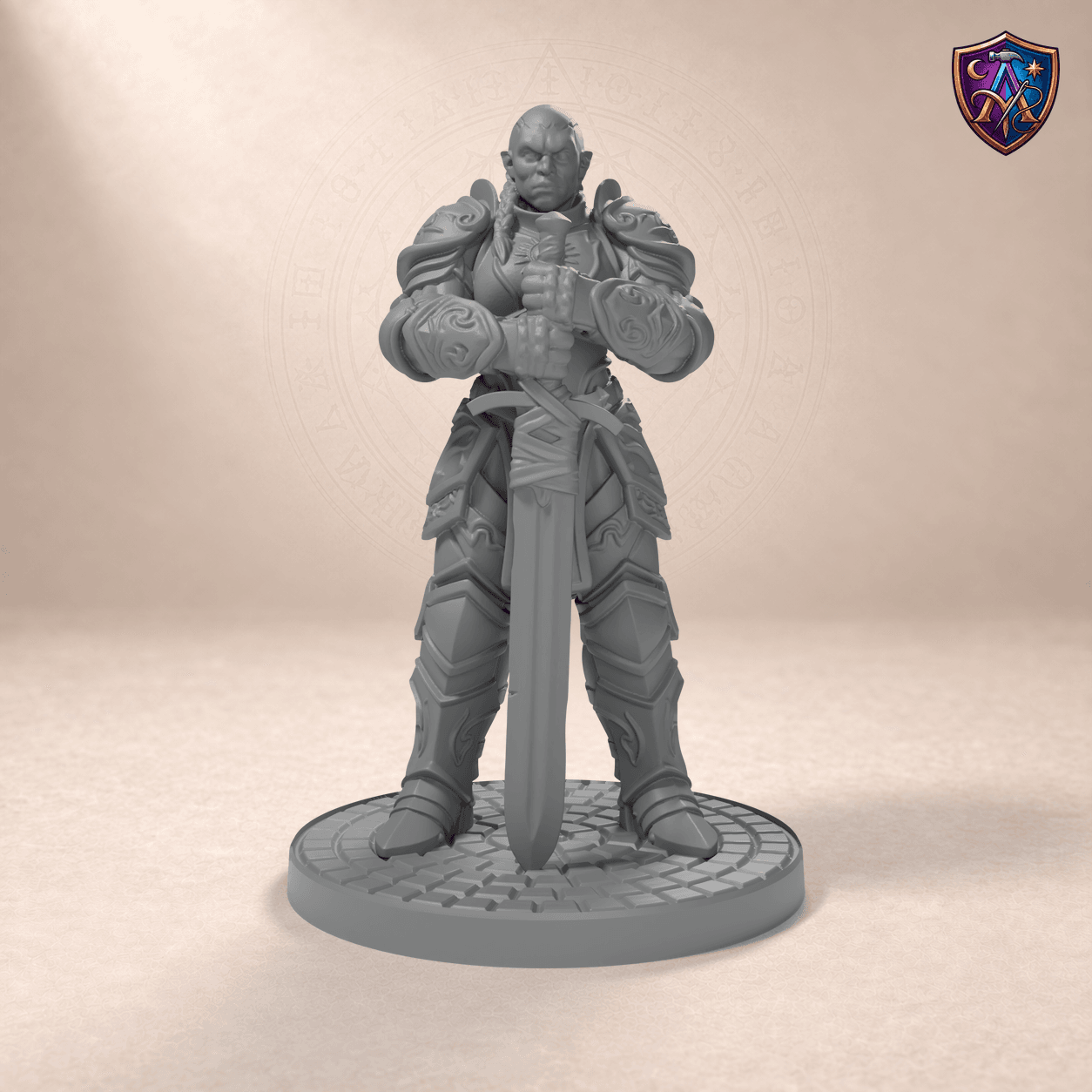 Digitaler Produkt-Render (1 von 6) von Halbork-Paladinin mit Großschwert in unbemaltem Dunkelgrau.