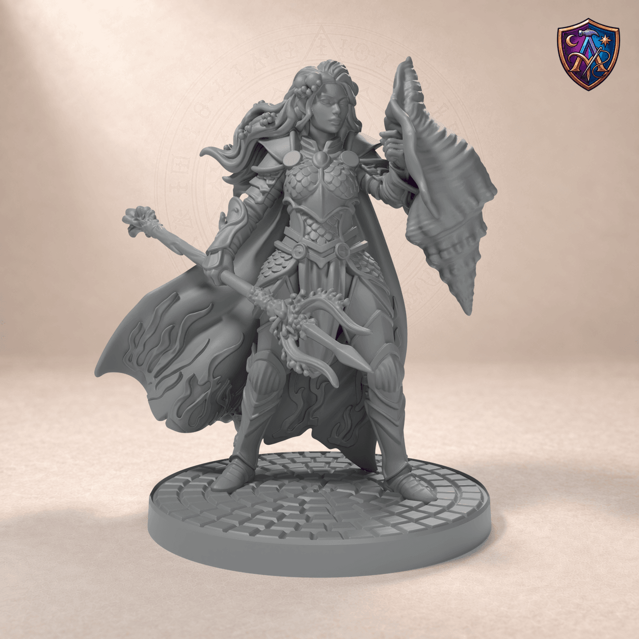 Digitaler Produkt-Render (1 von 6) von Triton-Paladinin mit Muschelhorn in unbemaltem Dunkelgrau.
