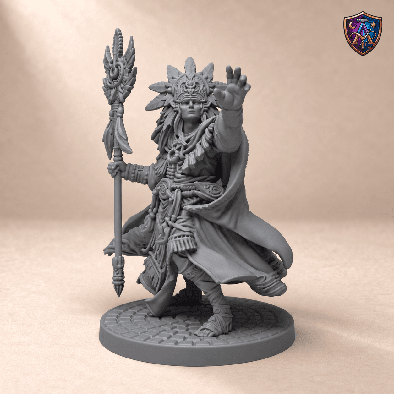 Digitaler Produkt-Render (1 von 2) von Mensch-Druide mit Federkopfschmuck und Federstab in unbemaltem Dunkelgrau.