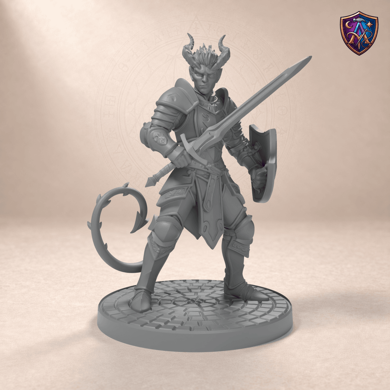 Digitaler Produkt-Render (1 von 6) von Tiefling-Krieger mit Langschwert und Schild in unbemaltem Dunkelgrau.
