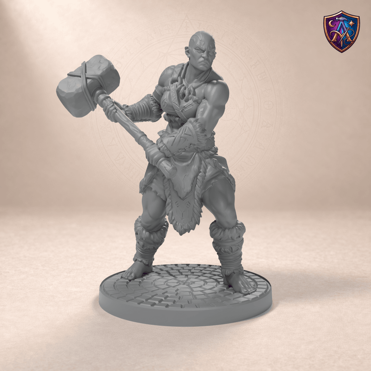 Digitaler Produkt-Render (1 von 6) von Goliath-Barbarin mit Großhammer in unbemaltem Dunkelgrau.