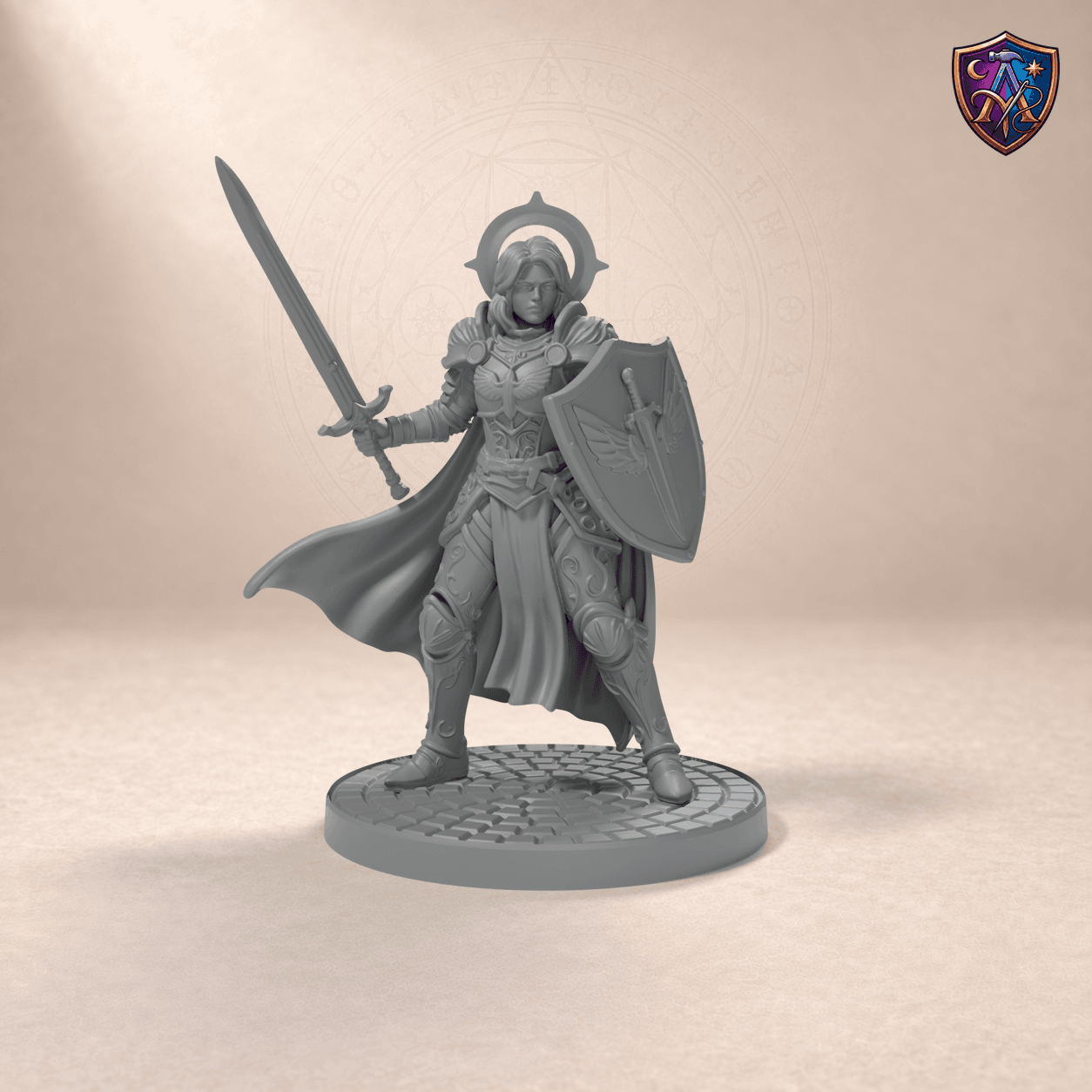 Digitaler Produkt-Render (1 von 6) von Aasimar-Paladinin mit Halo in unbemaltem Dunkelgrau.