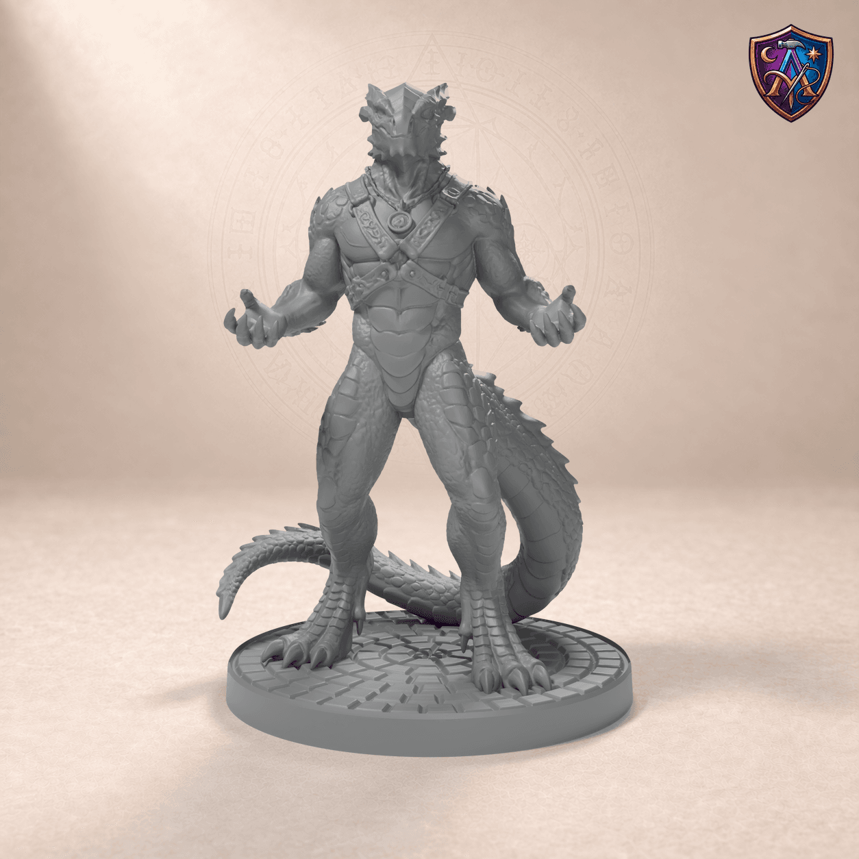 Digitaler Produkt-Render (1 von 6) von Dragonborn-Zauberer mit Schuppenornamenten in unbemaltem Dunkelgrau.