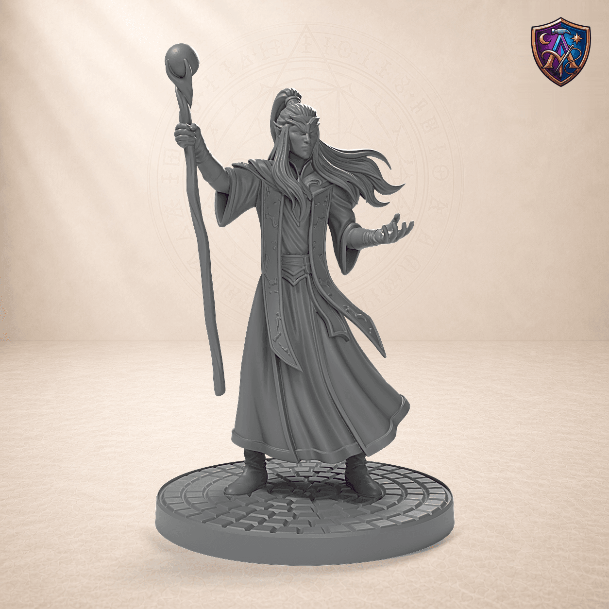 Digitaler Produkt-Render (1 von 6) von Elf-Magier mit Kugelstab in unbemaltem Dunkelgrau.