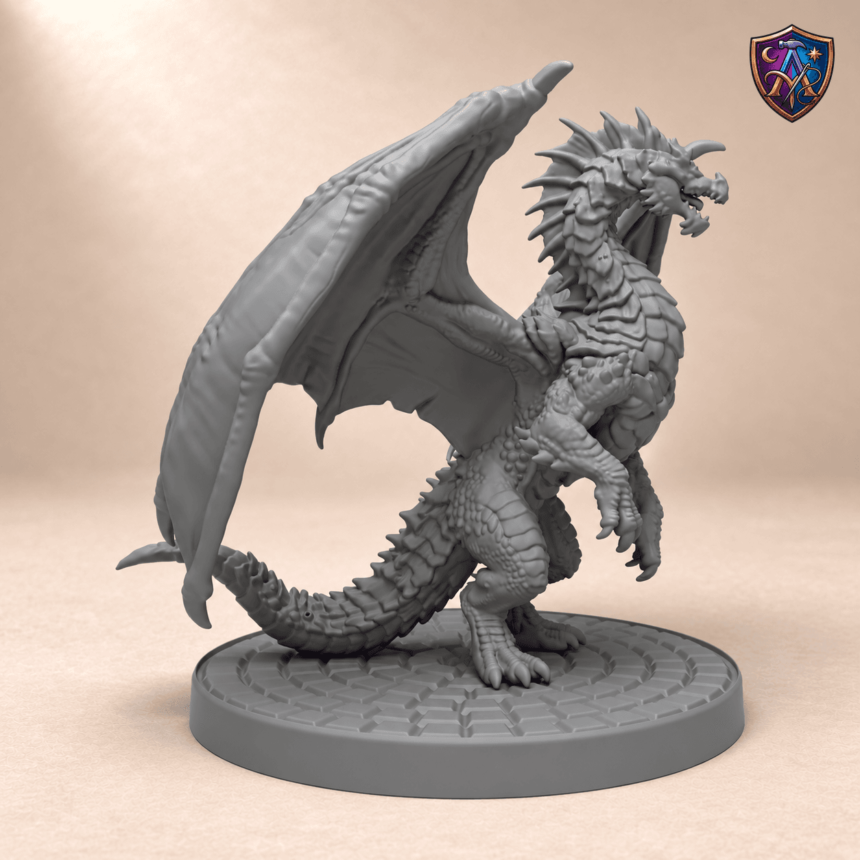 Produktansicht (1 von 4) / Product view von Grüner Drache mit ausgebreiteten Flügeln und offenem Maul; die Resin-Miniatur wird unbemalt geliefert / the resin miniature is supplied unpainted.