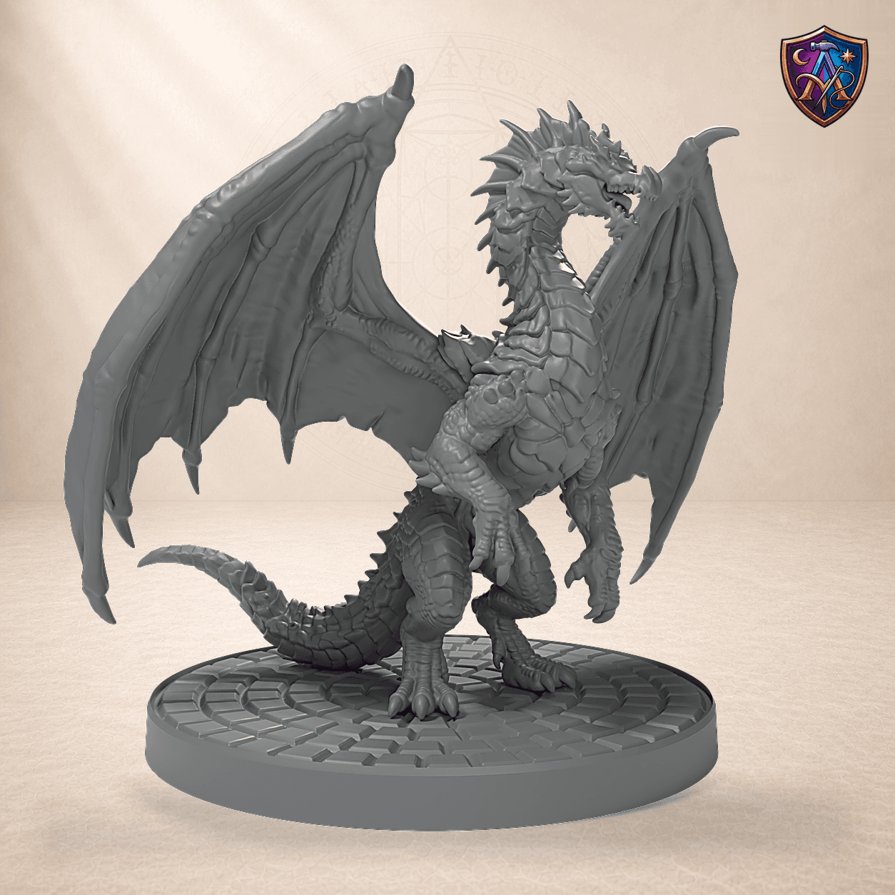Digitaler Produkt-Render (1 von 6) von Drache mit ausgebreiteten Flügeln in unbemaltem Dunkelgrau.