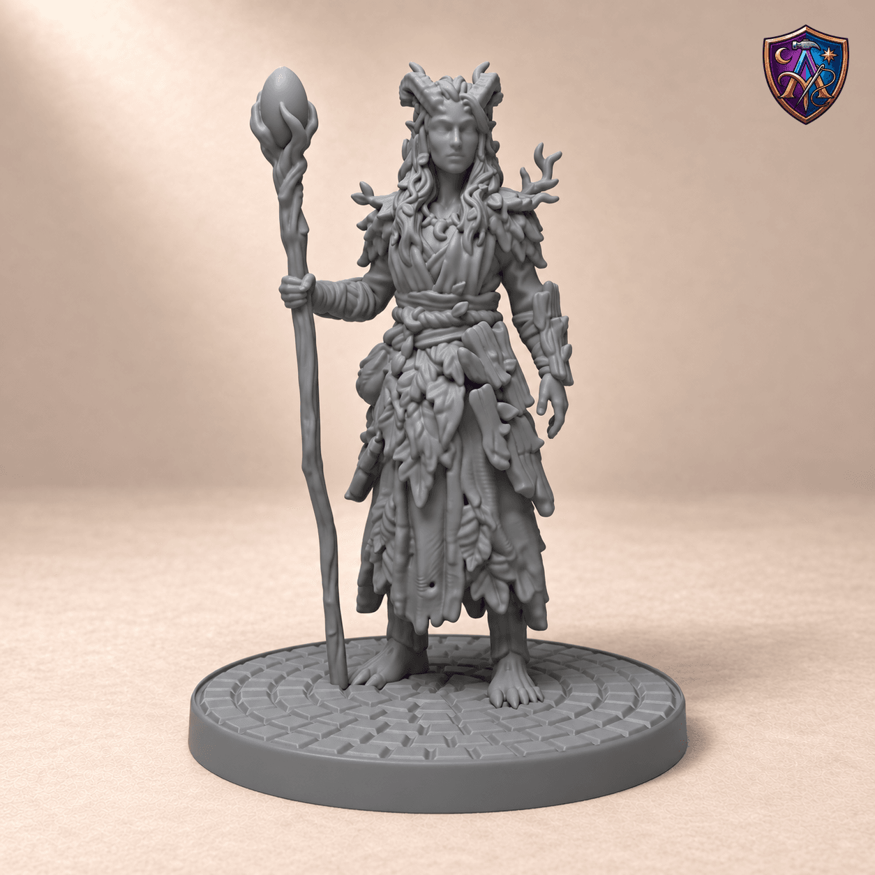 Digitaler Produkt-Render (1 von 2) von Tiefling-Druidin mit Blätterrobe in unbemaltem Dunkelgrau.