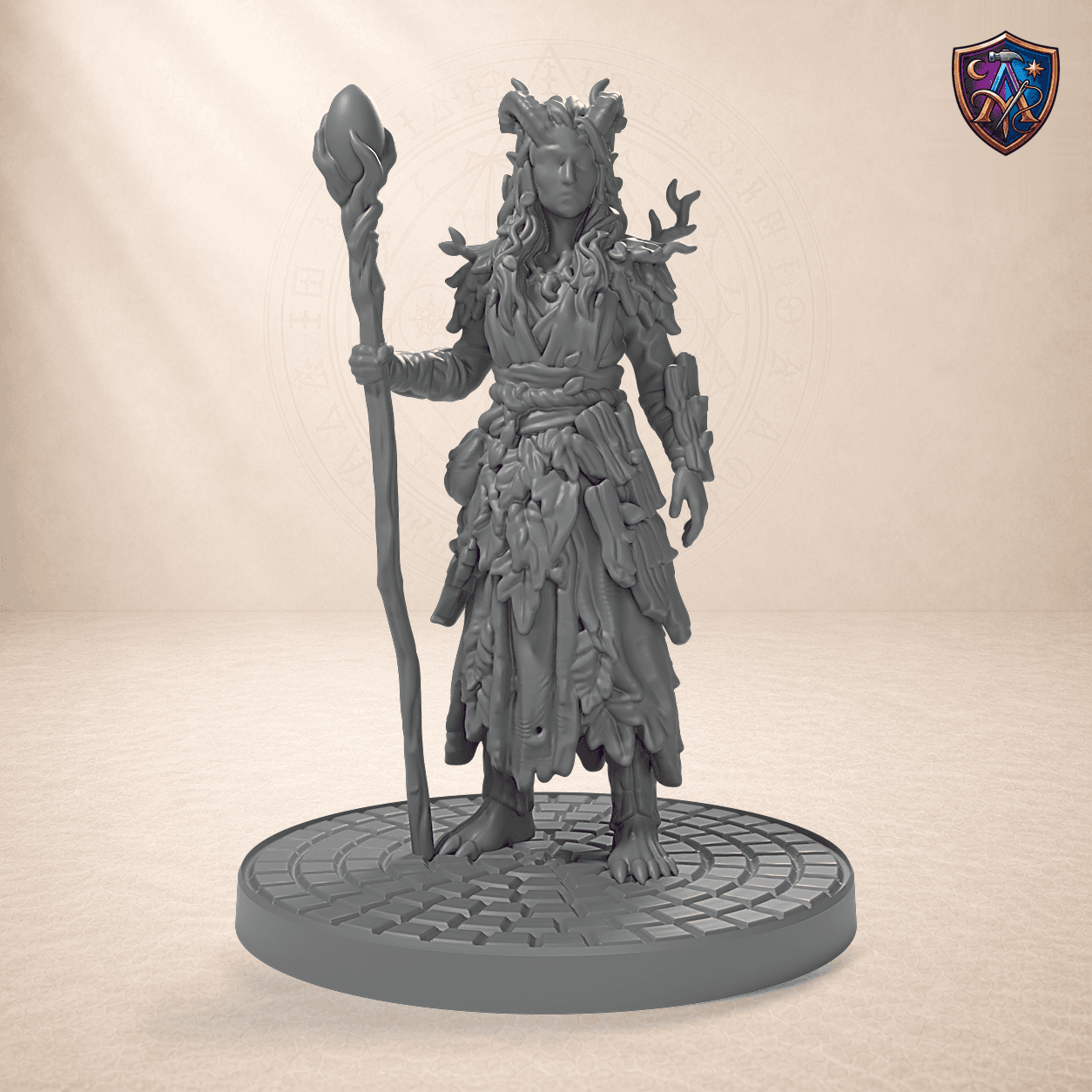 Digitaler Produkt-Render (1 von 6) von Tiefling-Druide mit Stab und Blattrüstung in unbemaltem Dunkelgrau.