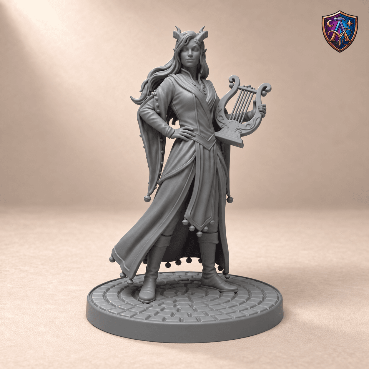 Digitaler Produkt-Render (1 von 2) von Tiefling-Bardin mit Leier und Schellensaum in unbemaltem Dunkelgrau.