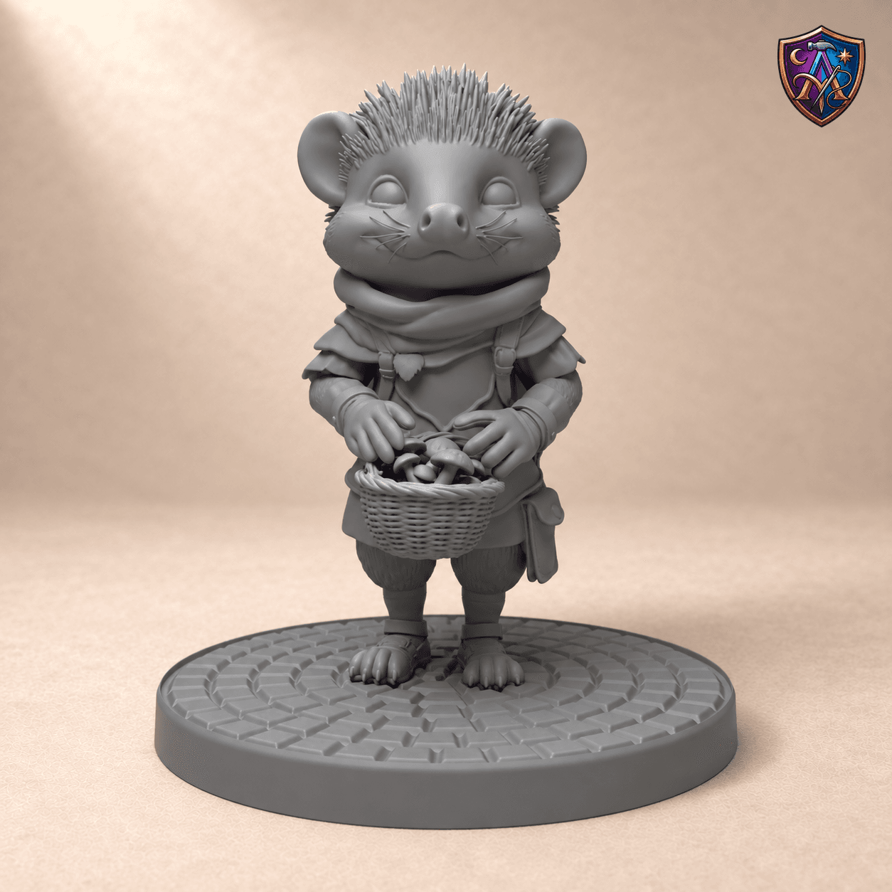 Digitaler Produkt-Render (1 von 2) von Igel-Druide mit Pilzkorb und Rucksack in unbemaltem Dunkelgrau.