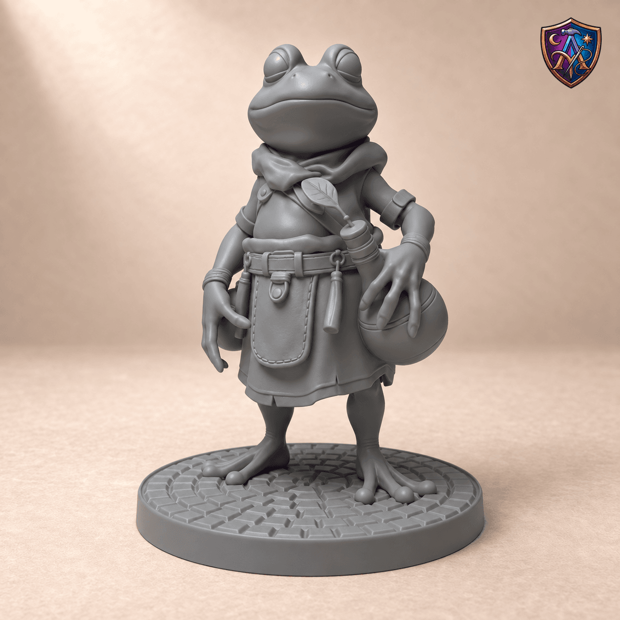 Digitaler Produkt-Render (1 von 2) von Frosch-Erfinder mit Kolben und Werkzeuggürtel in unbemaltem Dunkelgrau.